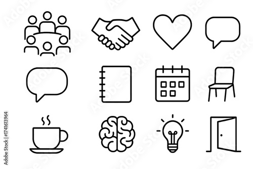 Support Group Icon Set. Outline icon set of support group meetings: group circle, handshake, heart, speech