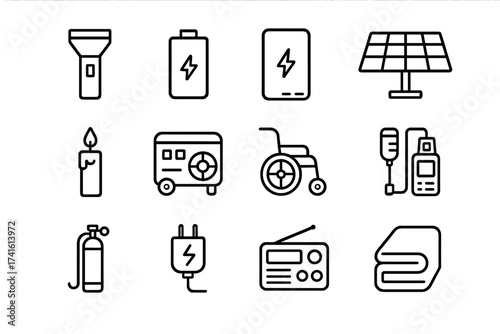 Power Outage Essentials. Outline icon set of power outage preparedness: flashlight, battery, power bank, solar