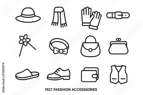 Felt Fashion Icons. Outline icon set of felt fashion accessories: hat, scarf, gloves, belt, brooch, headband,