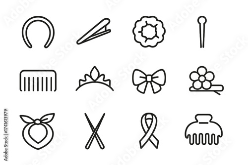 Hair Accessory Icons. Outline icon set of hair fashion accessories: headband, hair clip, scrunchie, hairpin,