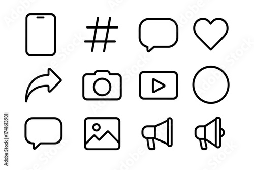 Social Media Icons Grid. Outline icon set of social media storytelling: smartphone, hashtag, speech bubble,
