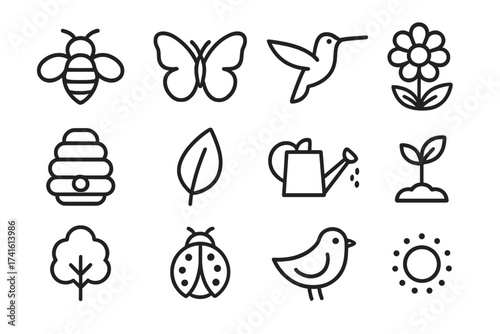 Pollinator-Friendly Icons. Outline icon set of pollinator-friendly farming: bee, butterfly, hummingbird,