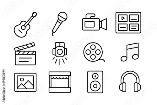 Music Video Icons. Outline icon set of music video storytelling: guitar, microphone, video camera, storyboard,
