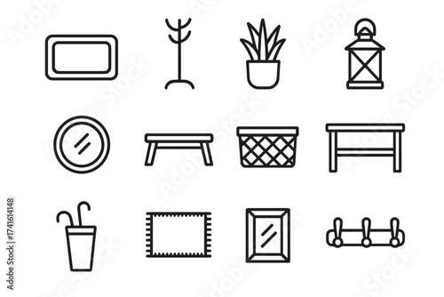 Entryway Icon Set. Outline icon set of welcoming entryway accents: welcome mat, coat rack, planter, lantern,