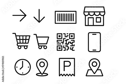 Guided Pickup Icons. Outline icon set of guided pickup instructions: arrow signs, store icon, shopping cart,