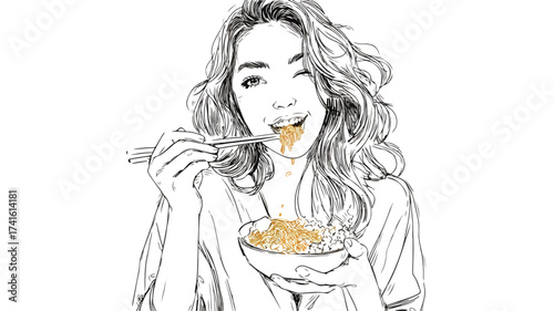 Happy Young Woman Smiling While Enjoying Tasty Curry Rice with Hand Holding Spoon