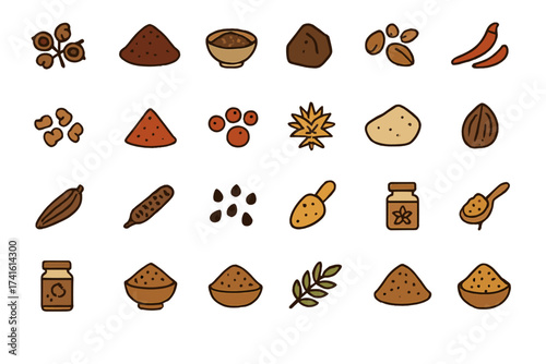 Variety of spices and herbs displayed in an organized manner on a white background during a culinary event