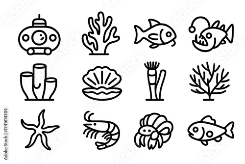 Deep Sea Icons. Outline icon set of deep sea reef exploration: submersible, coral cluster, flashlight fish,