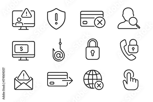 Anti-Fraud Icon Set. Outline icon set of anti-fraud banking tools: suspicious activity alert, fraud shield,
