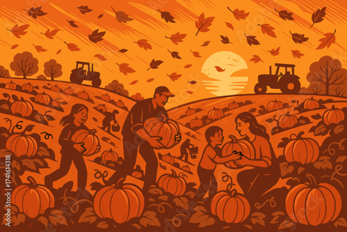 Harvest time in a pumpkin field during sunset with workers picking pumpkins in a vibrant orange sky