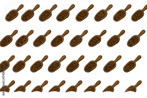 Collection of brown wooden scoops filled with chocolate chips arranged in neat rows on a white background