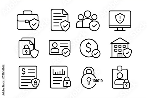 Secure Banking Icons. Outline icon set of secure business banking: corporate account shield, transaction