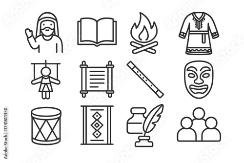 Cultural Storytelling Icons. Outline icon set of cultural storytelling: storyteller, open book, campfire,