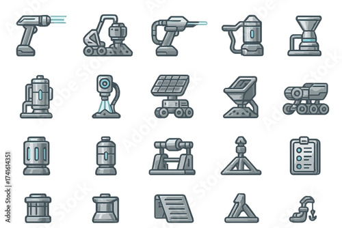 Collection of modern tools and equipment for various tasks and activities in a clean design