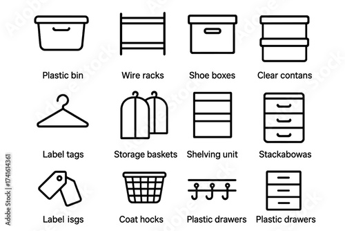 Storage Icons Set. Outline icon set of organizing a storage closet: plastic bins, wire racks, shoe boxes,