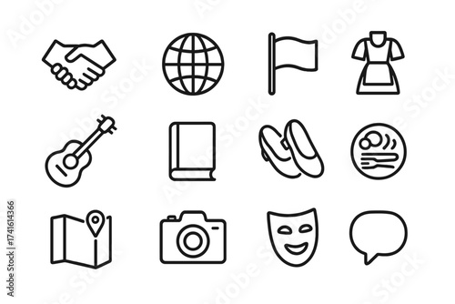 Cultural Icons Grid. Outline icon set of cultural exchange events: handshake, globe, flag, costume, musical