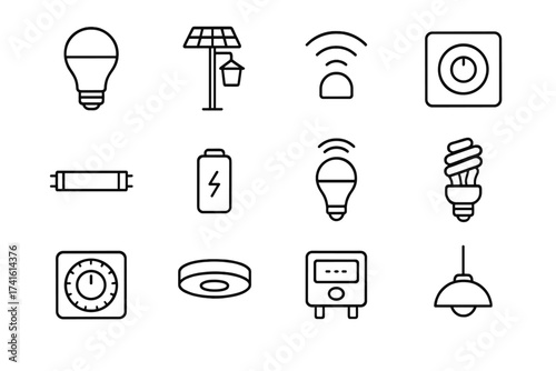Energy-Efficient Lighting Icons. Outline icon set of energy-efficient lighting: LED bulb, solar lamp, motion