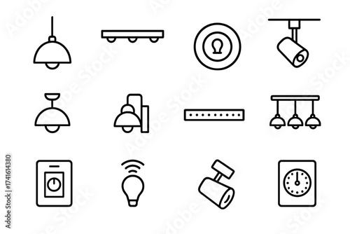 Kitchen Lighting Icons. Outline icon set of kitchen lighting design: pendant lamp, under-cabinet lighting,