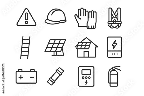 Solar Roof Safety Icons. Outline icon set of solar roof safety: warning sign, helmet, gloves, harness, ladder,