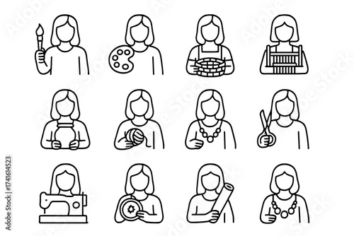 Female Artisans Icons. Outline icon set of female artisans in rural trade: paintbrush, paint palette, basket,