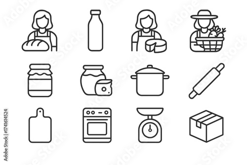 Women in Food Icons. Outline icon set of women in local food production: bread loaf, milk bottle, cheese wheel