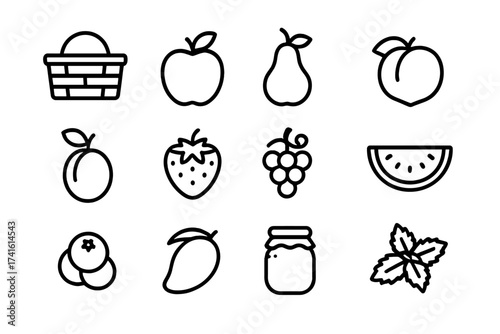 Farmers Market Icons. Outline icon set of farmers market fruits: basket, apple, pear, peach, plum, strawberry,