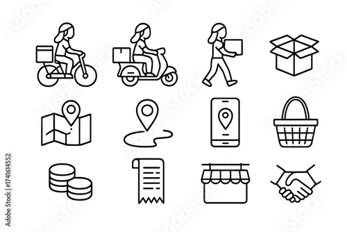 Rural Delivery Icons. Outline icon set of women in rural delivery services: bicycle, scooter, parcel, delivery
