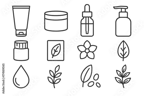 Skincare Packaging Icons. Outline icon set of natural skincare packaging: lotion tube, cream jar, serum bottle