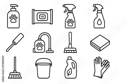 Pet-Safe Cleaning Icons. Outline icon set of pet-safe cleaning products: pet shampoo, grooming wipes,