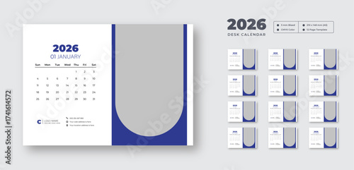 2026 desk calendar template | Editable vector planner with Sunday start | Clean printable layout for corporate or office use