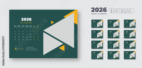Desk calendar 2026 | Monthly planner with Sunday start | Printable 12-page vector layout for student or office use