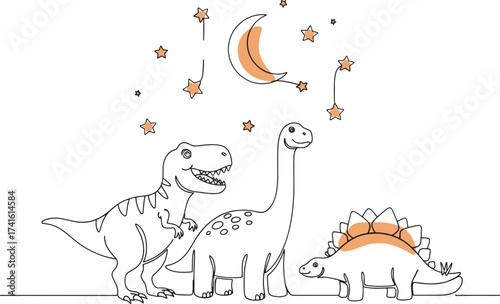 Dinosaur illustration set single continuous line art. Tyrannosaurus Rex, Triceratops, Brontosaurus, Stegosaurus, Pterodactyl Minimalist animal outline drawing for coloring books, logos, kids designs