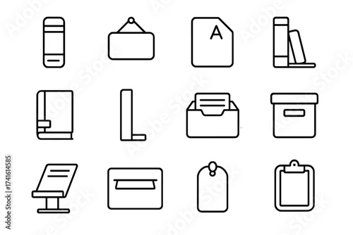 Library Icon Set. Outline icon set of library organization icons: book spine label, genre sign, alphabetical