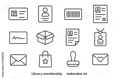 Library Membership Icons. Outline icon set of library membership icons: library card, ID photo, barcode,