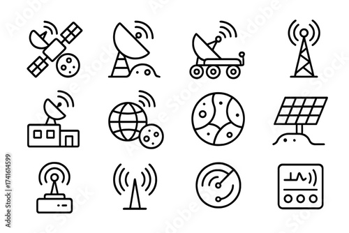 Lunar Tech Icons. Outline icon set of lunar communication technology: Moon relay satellite, surface antenna,