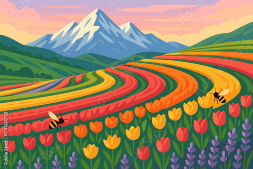 Colorful tulip fields with bees buzzing near mountains during sunset in a picturesque landscape