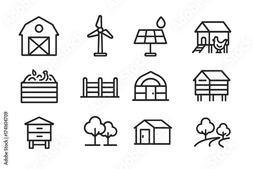 Eco-Friendly Farm Icons. Outline icon set of eco-friendly farm infrastructure: barn, wind turbine, solar panel