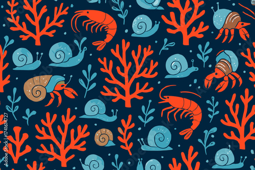 Colorful underwater scene with various sea creatures and coral on a blue background
