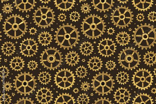Golden gears pattern with intricate designs on a dark background showcasing industrial artistry