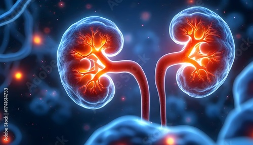 Artistic depiction of human kidneys, showcasing internal structures with vibrant, glowing details.