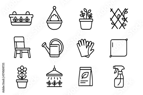 Balcony Gardening Icons. Outline icon set of balcony gardening: railing planter, hanging basket, herb pot,