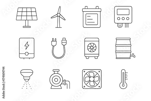 Renewable Energy Icons. Outline icon set of renewable energy for urban gardens: solar panel, wind turbine,