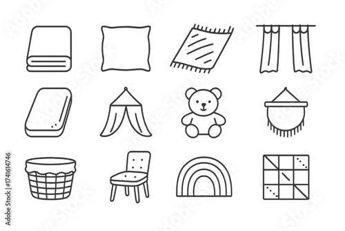 Nursery Textile Icons. Outline icon set of soft textile accents for nursery: blanket, pillow, rug, curtains,