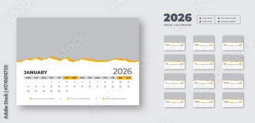 2026 desk calendar design template | Week starts on Monday | 12-month planner for work or study | Printable, editable vector layout for office use