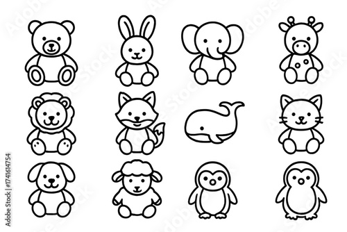 Animal Plush Icons. Outline icon set of soft animal plush collection: teddy bear, bunny, elephant, giraffe,