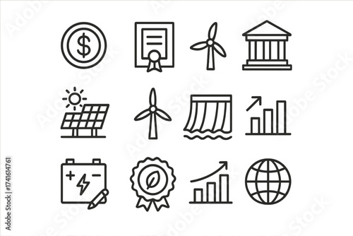 Renewable Energy Finance Icons. Outline icon set of renewable energy project financing: dollar coin, renewable