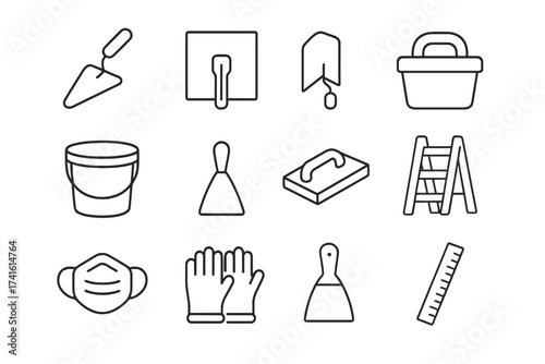 Plastering Tools Icons. Outline icon set of plastering tools: plastering trowel, hawk board, corner trowel,