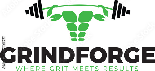 Fitness Logo Green Abs and Bicep Symbol with Barbell, Vector Icon for Grit, Results, and Strength Training Performance