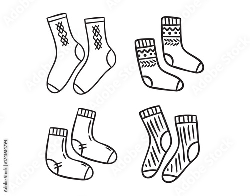Cozy autumn doodle four pairs of socks, line art monochrome hand drawn outline