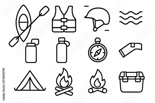 Kayaking Gear Icons. Outline icon set of river kayaking: kayak, paddle, life jacket, helmet, river waves,
